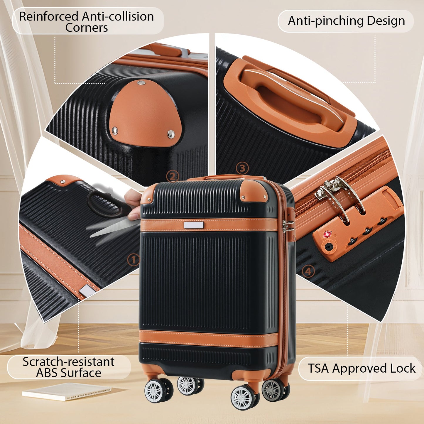 Black and Copper and Cream 3-Piece ABS Hardshell Carry-On Luggage Set