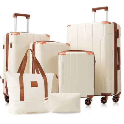 Brown white 6-Piece ABS Hardshell Luggage Set with TSA Lock,