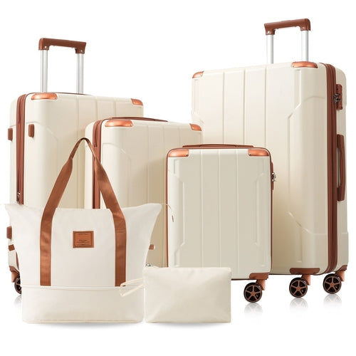 Brown white 6-Piece ABS Hardshell Luggage Set with TSA Lock,